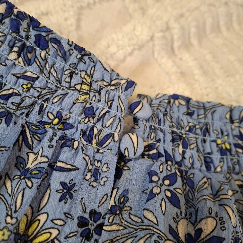 LOFT Blue Floral Smocked Neck Puff Sleeve Blouse Womens Large Lined Top